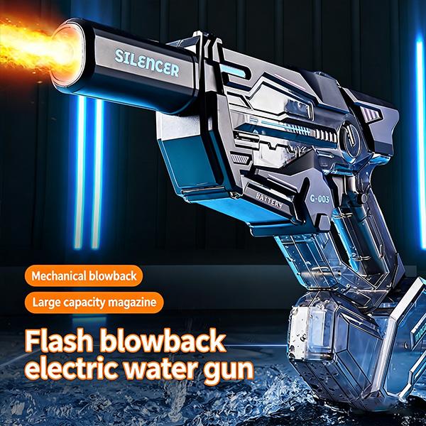 Cyberpunk Transparent Electric Water Gun - G-003 Model, Full Automatic Squirt Gun with Detachable Silencer & Magazine, High Pressure Pulse Blaster for Pool Beach Outdoor Water Battles