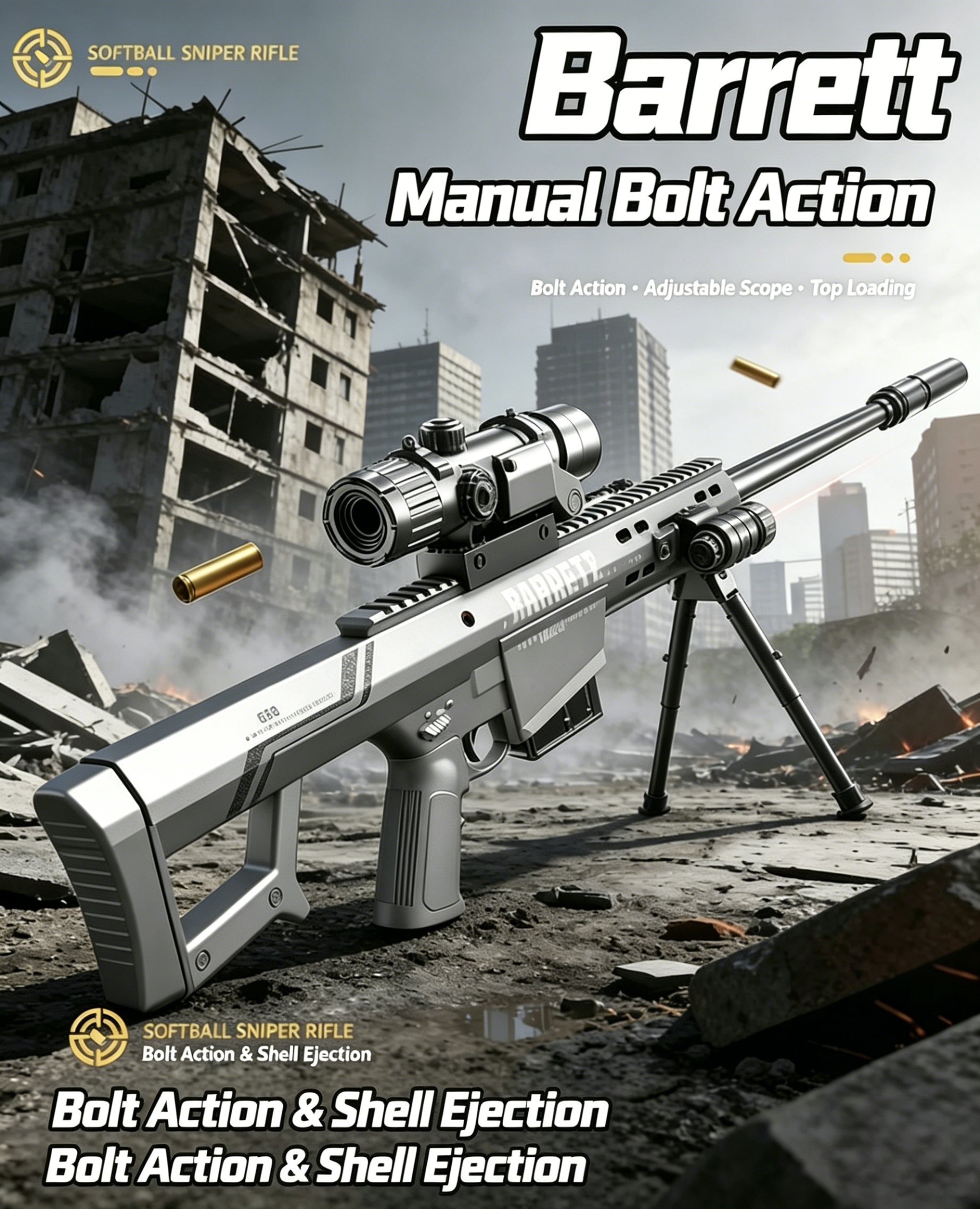 Barrett Shell Ejecting Soft Dart Gun, 115CM/45.3" Super Large Manual Bolt Action Sniper Rifle with Scope, Safe EVA Darts for Kids & Adults Outdoor Games