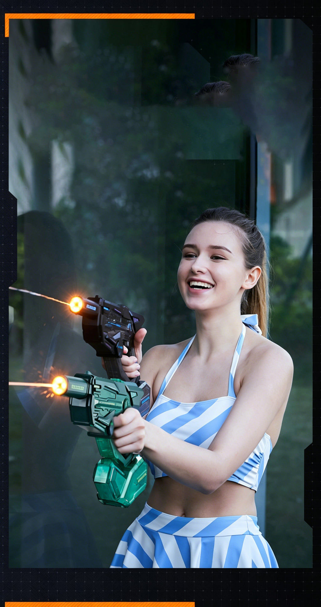 Cyberpunk Transparent Electric Water Gun - G-003 Model, Full Automatic Squirt Gun with Detachable Silencer & Magazine, High Pressure Pulse Blaster for Pool Beach Outdoor Water Battles