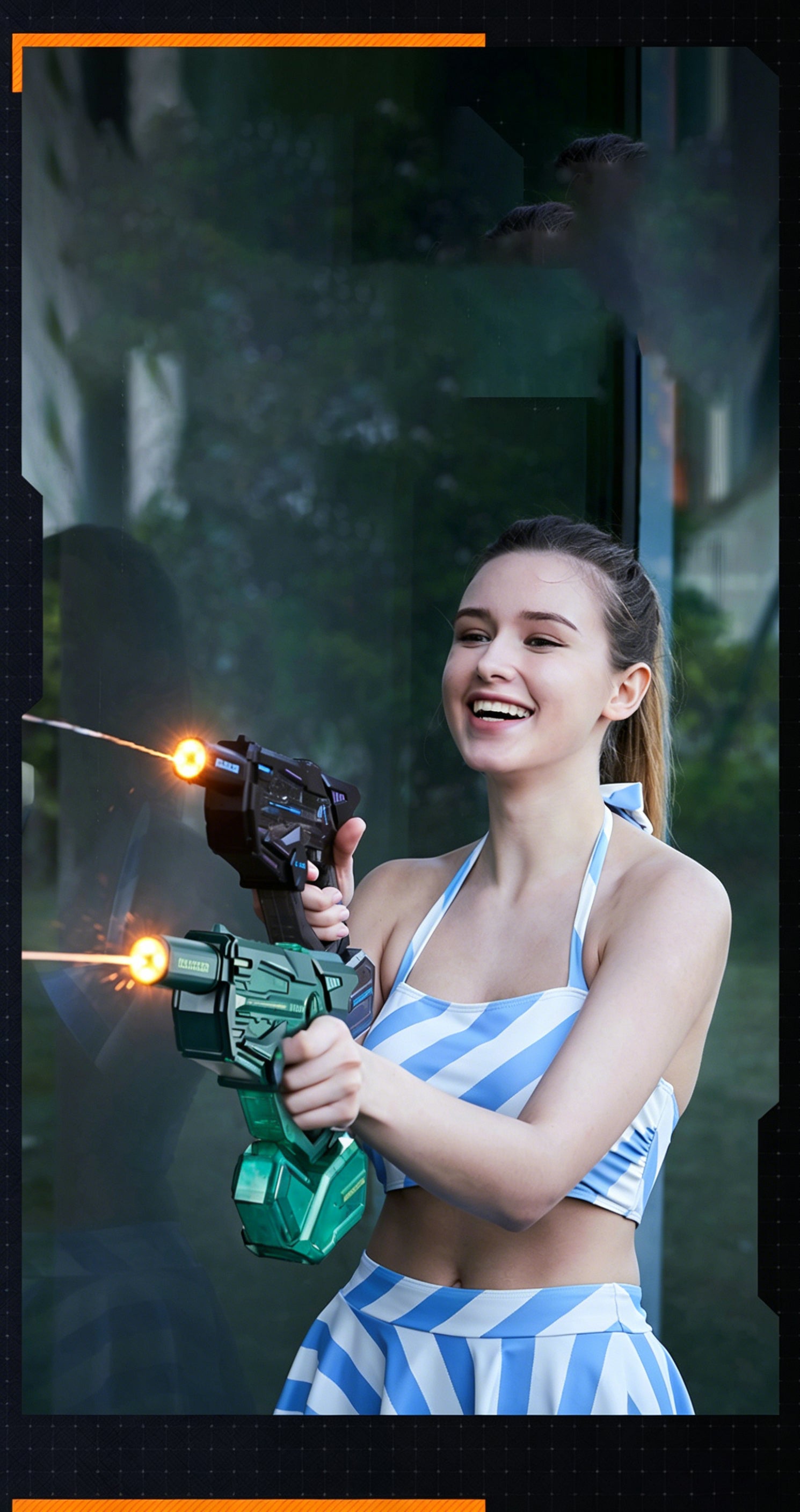 Cyberpunk Transparent Electric Water Gun - G-003 Model, Full Automatic Squirt Gun with Detachable Silencer & Magazine, High Pressure Pulse Blaster for Pool Beach Outdoor Water Battles