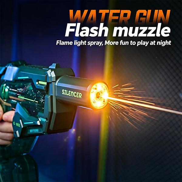Cyberpunk Transparent Electric Water Gun - G-003 Model, Full Automatic Squirt Gun with Detachable Silencer & Magazine, High Pressure Pulse Blaster for Pool Beach Outdoor Water Battles