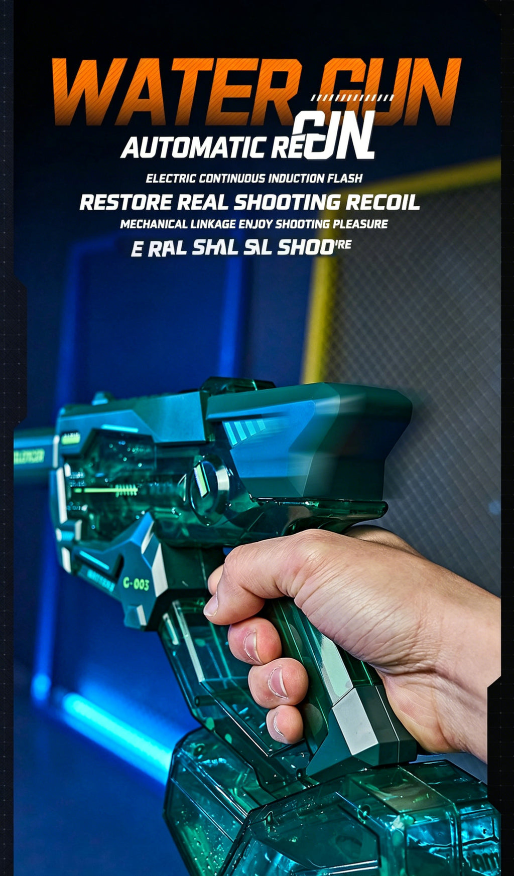 Cyberpunk Transparent Electric Water Gun - G-003 Model, Full Automatic Squirt Gun with Detachable Silencer & Magazine, High Pressure Pulse Blaster for Pool Beach Outdoor Water Battles