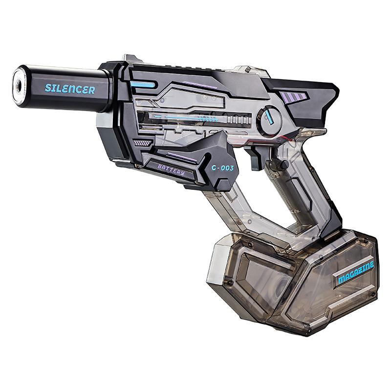 Cyberpunk Transparent Electric Water Gun - G-003 Model, Full Automatic Squirt Gun with Detachable Silencer & Magazine, High Pressure Pulse Blaster for Pool Beach Outdoor Water Battles