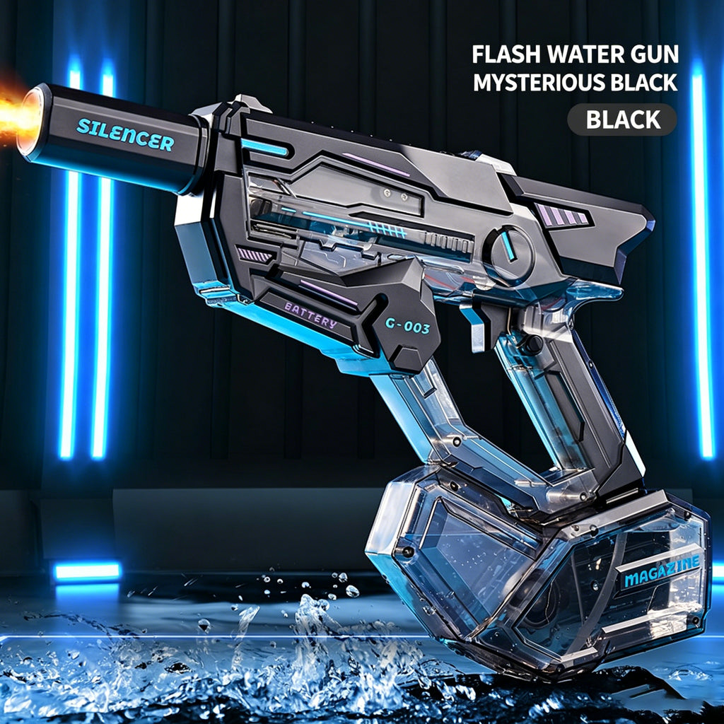 Cyberpunk Transparent Electric Water Gun - G-003 Model, Full Automatic Squirt Gun with Detachable Silencer & Magazine, High Pressure Pulse Blaster for Pool Beach Outdoor Water Battles