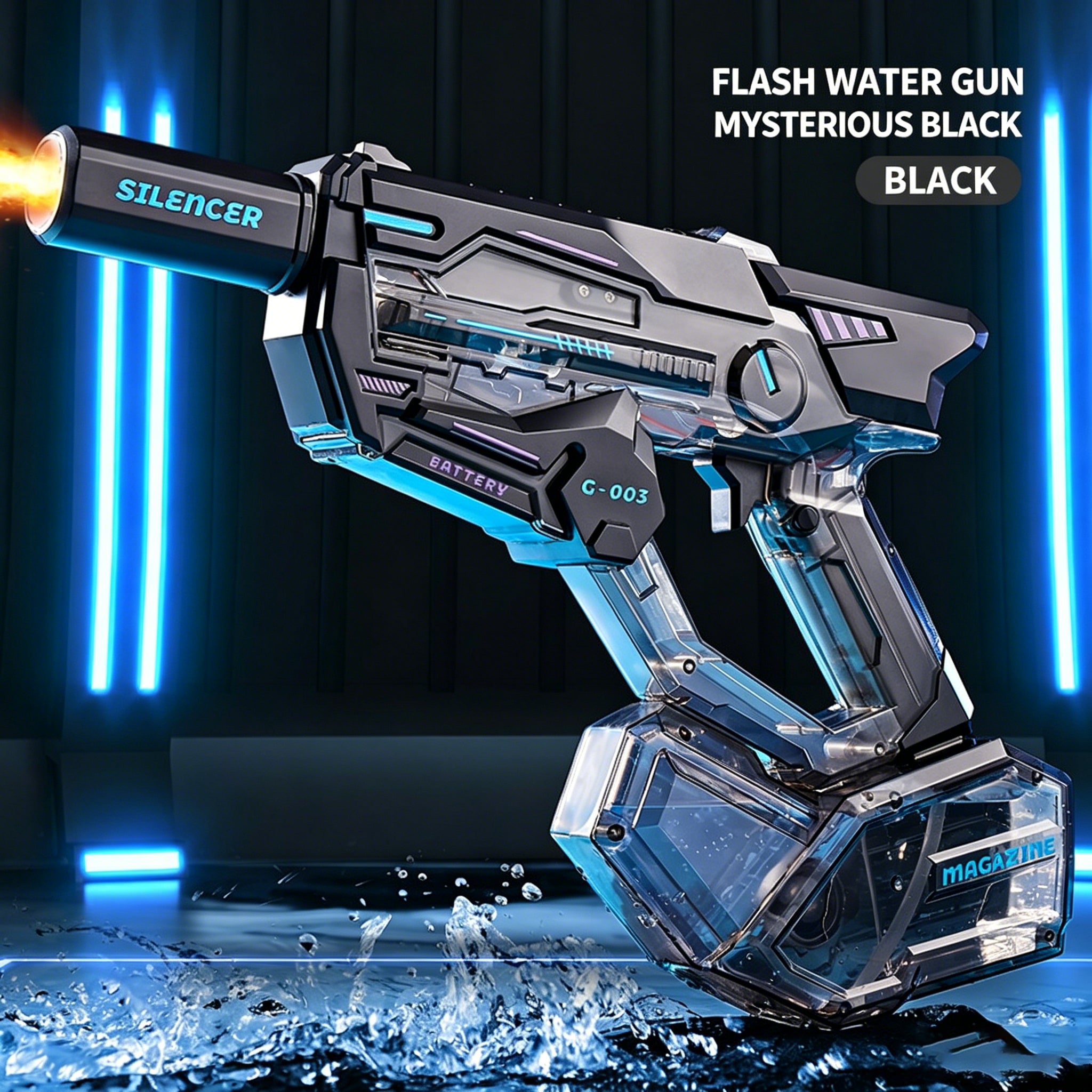 Cyberpunk Transparent Electric Water Gun - G-003 Model, Full Automatic Squirt Gun with Detachable Silencer & Magazine, High Pressure Pulse Blaster for Pool Beach Outdoor Water Battles