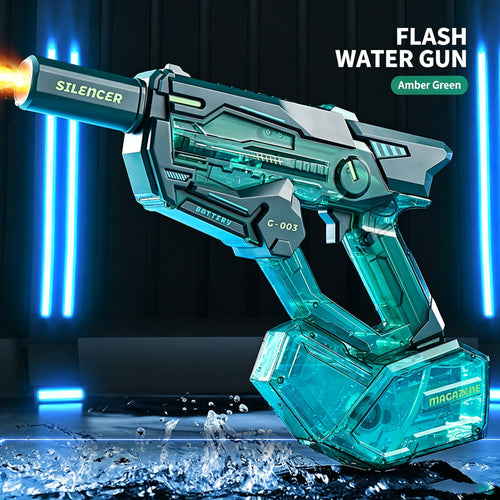 Cyberpunk Transparent Electric Water Gun - G-003 Model, Full Automatic Squirt Gun with Detachable Silencer & Magazine, High Pressure Pulse Blaster for Pool Beach Outdoor Water Battles